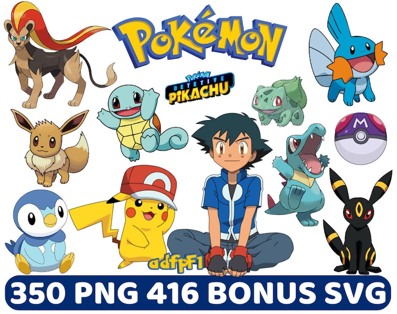 May include: A collection of Pokemon characters, including Pikachu, Bulbasaur, Squirtle, Charmander, and more. The characters are all in their cartoon style and are set against a white background. The text "Pokemon" is displayed in large, yellow letters at the top of the image. The text "Detective Pikachu" is displayed in smaller, yellow letters below the word "Pokemon".