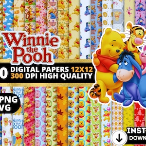 Winnie The Pooh Digital Papers, Winnie The Pooh Clipart Png Svg Bundle, Winnie Seamless Patterns, Winnie The Pooh Wallpers, Backgrounds