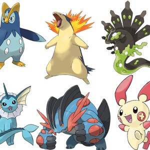 May include: A collection of six cartoon Pokemon characters. The characters are a blue and white penguin, a yellow and orange bear, a green and black sea serpent, a blue and white mermaid, a blue and red crab, and a yellow and red rabbit.