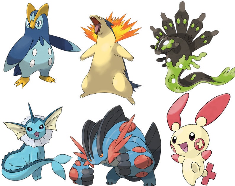 May include: A collection of six cartoon Pokemon characters. The characters are a blue and white penguin, a yellow and orange bear, a green and black sea serpent, a blue and white mermaid, a blue and red crab, and a yellow and red rabbit.