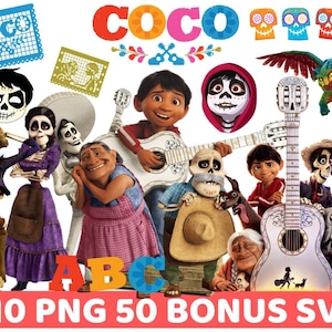 May include: A colorful illustration featuring characters from the animated film "Coco". The characters are dressed in traditional Mexican clothing and are playing musical instruments. The image includes the word "Coco" in large, colorful letters.