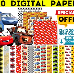 Puede incluir: 220 papeles digitales con una variedad de diseños con temática de Cars. Los diseños incluyen patrones a cuadros, patrones rojos y amarillos, e imágenes de Rayo McQueen y Mate. El texto "OFERTA ESPECIAL" y "12x12 300 DPI ALTA CALIDAD DESCARGA INSTANTÁNEA" también está incluido.