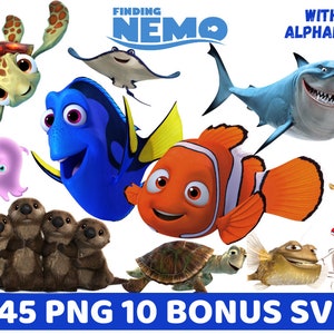 Può includere: Un set di personaggi di Alla ricerca di Nemo, tra cui Marlin il pesce pagliaccio, Dory il pesce chirurgo, Nemo il pesce pagliaccio, Crush la tartaruga marina, Bruce lo squalo e molti altri. I personaggi sono colorati e cartoon, e sorridono tutti. L'immagine include anche il testo "Finding Nemo" e "With Alphabet".