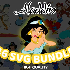 Puede incluir: Una descarga digital de 46 archivos SVG con personajes de la película de Disney Aladdin. La imagen muestra a Jasmine, Abu, el Genio y otros personajes de la película. El texto "46 SVG Bundle" y "High Quality" también es visible.