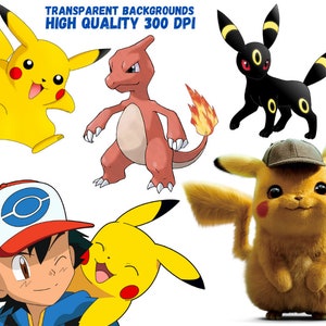 May include: A collection of cartoon Pokemon characters, including Pikachu, Charizard, and Eevee. The characters are isolated on a white background.