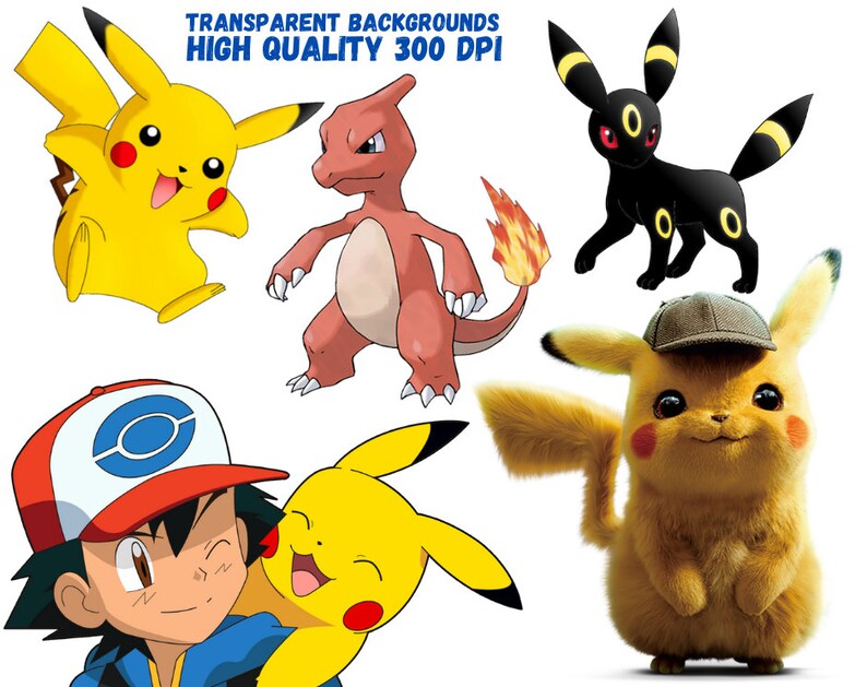May include: A collection of cartoon Pokemon characters, including Pikachu, Charizard, and Eevee. The characters are isolated on a white background.