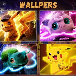 May include: A collage of four images featuring Pokemon characters. The top left image shows Pikachu wearing a detective hat with a yellow neon glow. The top right image shows a pink Jigglypuff with a purple neon glow. The bottom left image shows a green Bulbasaur with a blue neon glow. The bottom right image shows a yellow Pikachu with a yellow neon glow.