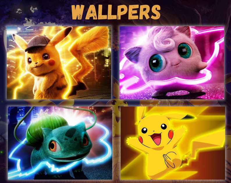 May include: A collage of four images featuring Pokemon characters. The top left image shows Pikachu wearing a detective hat with a yellow neon glow. The top right image shows a pink Jigglypuff with a purple neon glow. The bottom left image shows a green Bulbasaur with a blue neon glow. The bottom right image shows a yellow Pikachu with a yellow neon glow.