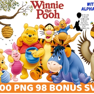 Winnie de Poeh clipart PNG, Winnie de Poeh SVG bundel, Winnie verjaardagsuitnodiging, Winnie stickers PNG, Winnie alfabet, Winnie Honey PNG