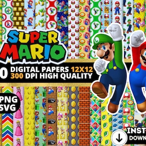 Super Mario Digital Papers, Super Mario Wallpers, Super Mario Backgrounds, Super Mario Clipart Png Svg Bundle, Super Mario Seamless Pattern