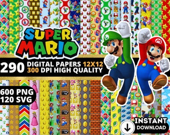 Digitale Super Mario-Papiere, Super Mario-Hintergrundbilder, Super Mario-Hintergründe, Super Mario Clipart-Png-Svg-Bundle, Super Mario-Nahtloses Muster