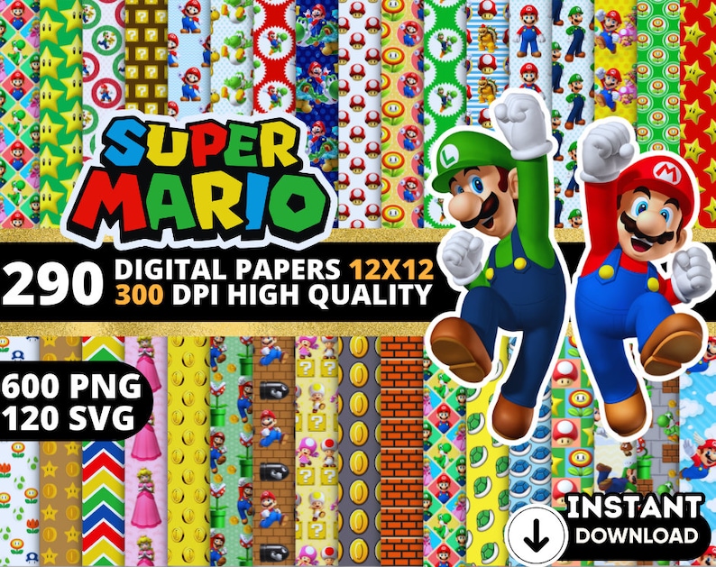 May include: A digital paper pack featuring 290 Super Mario themed patterns in 12x12 inch size. The pack includes 600 PNG and 120 SVG files. The image shows a collage of the patterns, including characters like Mario and Luigi, and elements like stars, coins, and mushrooms.