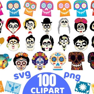May include: A set of 25 colorful digital clipart images featuring characters and objects from the animated film Coco. The images include characters like Miguel, Hector, and Dante, as well as traditional Mexican Day of the Dead decorations like sugar skulls and marigolds. The text "SVG 100 CLIPART PNG" is displayed at the bottom of the image.