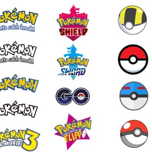 May include: A collection of Pokemon logos, including the classic "Gotta catch 'em all!" slogan, as well as logos for Pokemon Sword, Shield, Go, and the Pokemon movie. The logos are in various colours and styles, including yellow, blue, red, and green.