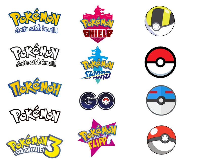 May include: A collection of Pokemon logos, including the classic "Gotta catch 'em all!" slogan, as well as logos for Pokemon Sword, Shield, Go, and the Pokemon movie. The logos are in various colours and styles, including yellow, blue, red, and green.