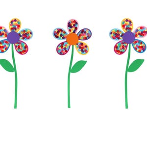 Könnte beinhalten: Drei bunte Cartoon-Blumen mit grünen Stielen und Blättern. Die Blütenblätter sind mit roten, gelben und blauen Punkten verziert. Die Blütenmitten sind lila und orange.