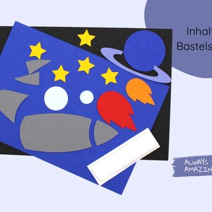 May include: A blue felt craft set with a rocket ship, stars, planets, and a white label. The text "ALWAYS AMAZING" is on a blue background. The text "Inhalt Bastelset" is on a purple background.
