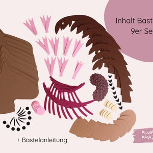 May include: A craft set with 9 pieces for making a paper craft project. The set includes brown, pink, and red paper pieces, as well as black and white patterned paper. The set also includes instructions for making the craft. The text on the image reads "Inhalt Bastelset: 9er Set".