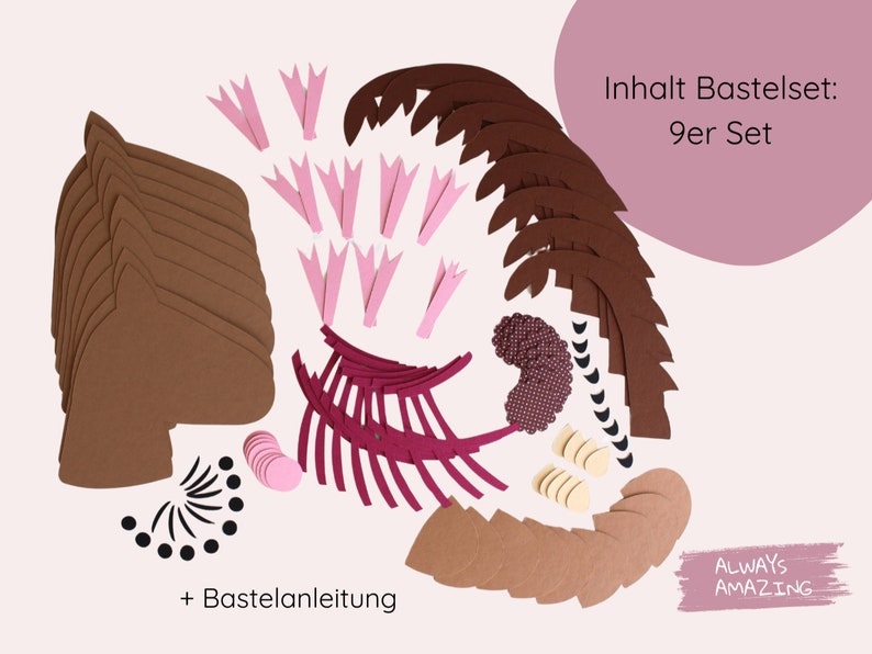 May include: A craft set with 9 pieces for making a paper craft project. The set includes brown, pink, and red paper pieces, as well as black and white patterned paper. The set also includes instructions for making the craft. The text on the image reads "Inhalt Bastelset: 9er Set".