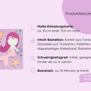 Op de afbeelding: Een knutselset om mermaid-thema uitnodigingskaarten te maken. De set bevat voorgeknipte kartonnen onderdelen, glitter en instructies. De afgewerkte kaarten zijn ongeveer 10 cm breed en 13,5 cm hoog.