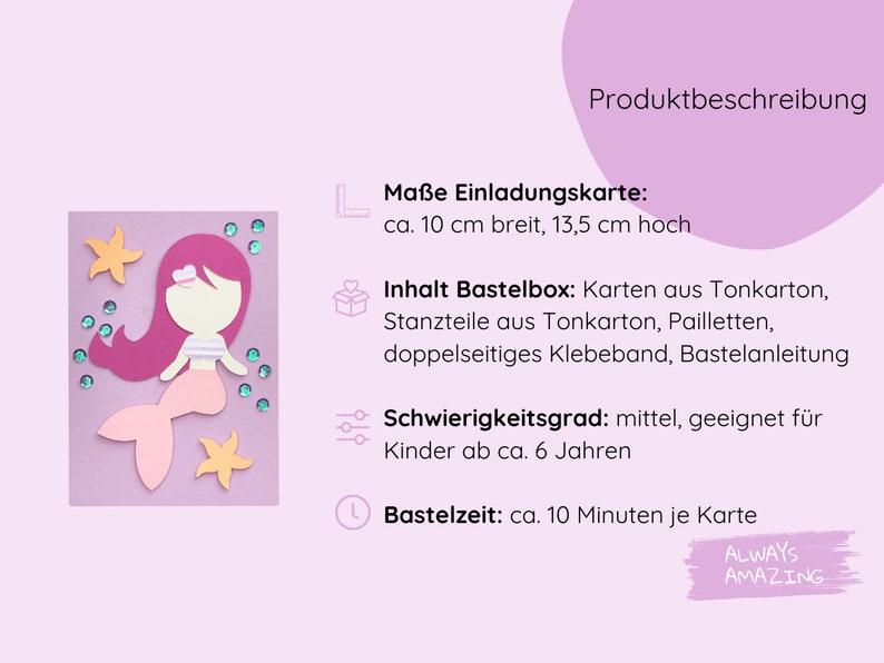 Op de afbeelding: Een knutselset om mermaid-thema uitnodigingskaarten te maken. De set bevat voorgeknipte kartonnen onderdelen, glitter en instructies. De afgewerkte kaarten zijn ongeveer 10 cm breed en 13,5 cm hoog.
