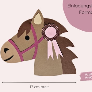 May include: A brown horse head cutout with a pink ribbon and a brown and white polka dot rosette. The cutout is 17 inches wide and 14 inches tall. The text "Einladungskarten Format" and "ALWAYS AMAZING" are also visible in the image.