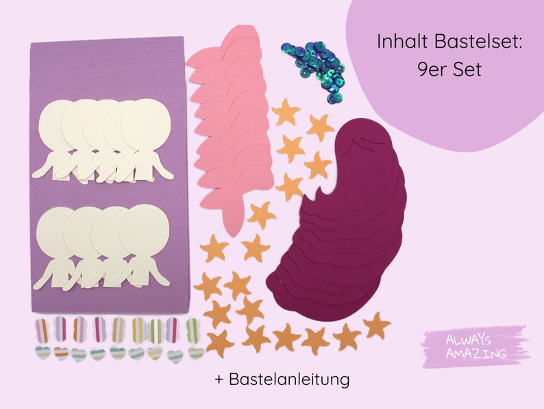 Op de afbeelding: Een knutselset met 9 onderdelen om zeemeerminnen te knutselen. De set bevat roze zeemeerminstaarten, paarse zeemeerminhaar, gouden zeesterren en kleurrijke glitters. De set bevat ook instructies voor het knutselen. De tekst op de afbeelding luidt "Inhalt Bastelset: 9er Set" en "Always Amazing".