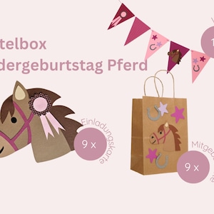 May include: A craft kit for a children's horse-themed birthday party. The kit includes 9 invitation cards, 9 favor bags, 1 banner, and a horse head cutout. The kit is pink, brown, and gray.