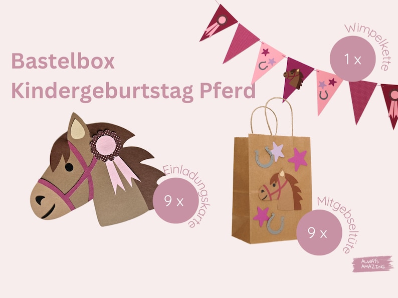 May include: A craft kit for a children's horse-themed birthday party. The kit includes 9 invitation cards, 9 favor bags, 1 banner, and a horse head cutout. The kit is pink, brown, and gray.