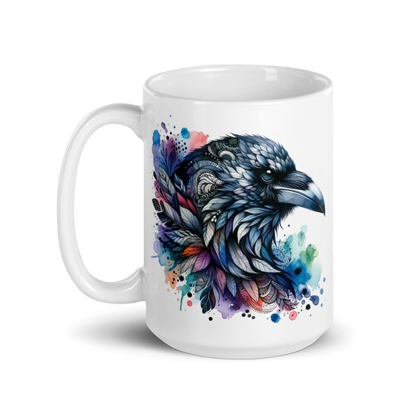 Bird Coffee MUG, RAVEN, Bird Mug, Pretty Watercolor Bird Picture Large Handle Coffee Mug  CROW Lover Gift