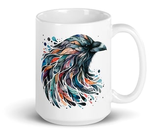 Bird Coffee MUG, RAVEN, Bird Mug, Pretty Watercolor Bird Picture Large Handle Coffee Mug CROW Lover Gift