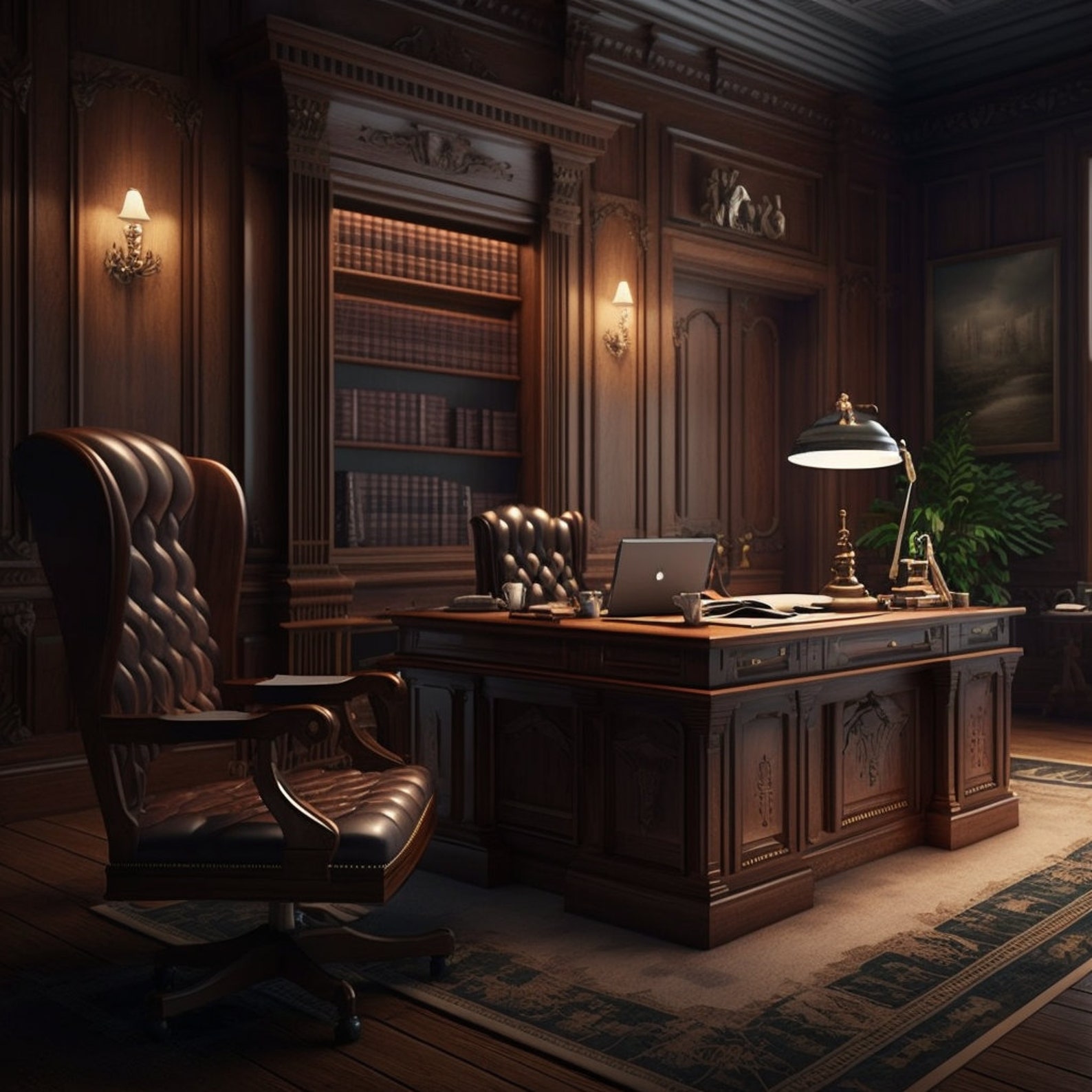 A Traditional Executive Office With a Wooden Desk and Leather Chairs. Etsy