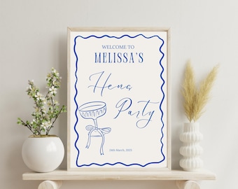 Hand-drawn Modern Hens Party editable Welcome Sign, Blue, White, wavy printable Bachelorette Party Sign, Instant Download, DIY hens party