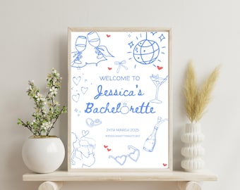 Hand-drawn whimsical Hens Party Welcome Sign editable Template, blue & White whimsical hens or Bachelorette party, DIY hens party