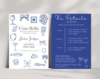 Uitnodiging vrijgezellenfeest kust vrijgezellenfeest, thema Ciao Bella (bewerkbare sjabloon)