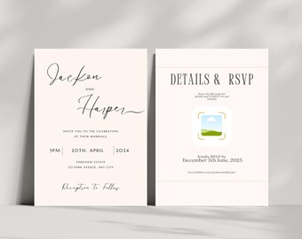 Minimalist Wedding Invitation Suite, QR Code RSVP (Canva Template)