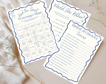 Hens Party Games Bundle | 14 fun bachelorette & bridal shower games  | hand drawn blue white cocktail | game bundle printable | printable