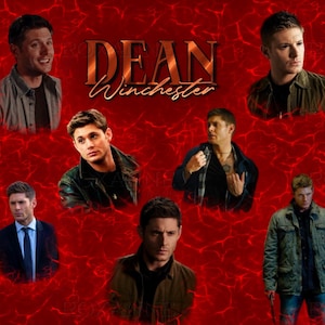May include: A collage featuring multiple images of a man, set against a red background with a textured pattern. The name "DEAN Winchester" is displayed in copper-colored text. The images showcase the man in various outfits and expressions.