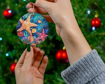 Starfish Christmas Ornament, Ocean Blue Sea, Perfect Holiday Decoration for Christmas Tree, Ceramic