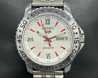 Reloj de pulsera Seiko 5 automático vintage reacondicionado con día y fecha, caja de bisel fijo, Japón, para hombre.
