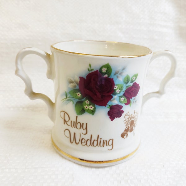 RUBY WEDDING, Vintage Keramik Doppelhenkel Tasse