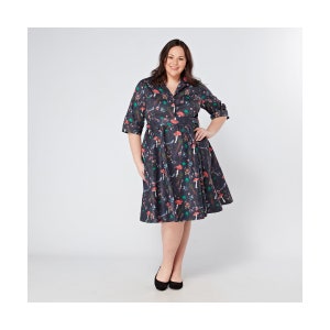 Plus Size Curvy Witchcraft Print Vintage Belted Shirt Dress from Tagareen | UK Sizes 16 to 26 | Halloween Witch Cat Potion