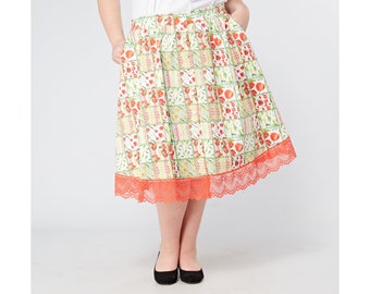 Curvy Plus Size Button Through Swing Skirt in Patchwork Floral Print Cotton Tagareen | UK Sizes 16 to 26 | Cottagecore