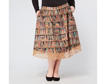 Curvy Plus Size Bookshelf Print Button Through Swing Skirt in Cotton Tagareen | UK Sizes 16 to 26