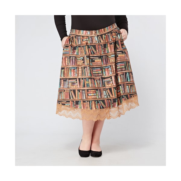 Curvy Plus Size Bookshelf Print Button Through Swing Skirt in Cotton Tagareen | UK Sizes 16 to 26