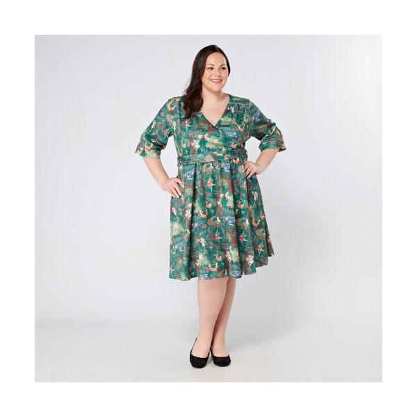 Plus Size Curvy Enchanted Forest Fairy Print Swing Dress from Tagareen | UK Sizes 16 to 26 | Fox Rabbit Owl Toadstool Woodland