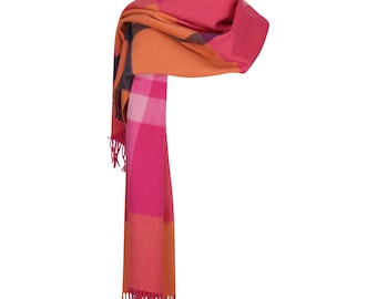 Orange & Pink Macaroon Checked 100% Lambswool Stole Large Blanket Scarf | 195 x 70cm | Men Women Unisex