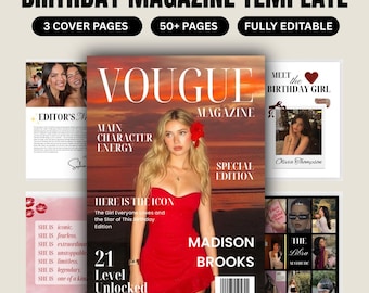 Modelo de revista Vogue personalizada para aniversário | Presente de aniversário para a melhor amiga | Editável no Canva | Download instantâneo