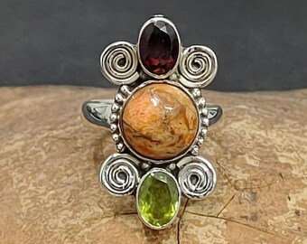 Anillo de granate rojo y peridoto, anillo apilable de piedras preciosas, anillo con múltiples piedras preciosas, anillos de plata 925, anillo bohemio antiguo para ella, anillo vintage
