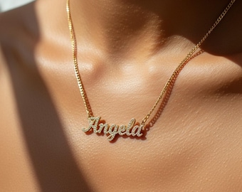Custom Name Necklace With Crystals • Personalized Pave Pendant • Dainty Gold Jewelry • Curb Chain Necklace • Elegant Gift For Her